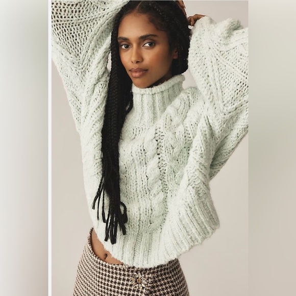 Anthropologie Chunky/Cable Knit Sweater Light Mint Green-Crop-Oversize-Medium - Picture 10 of 11